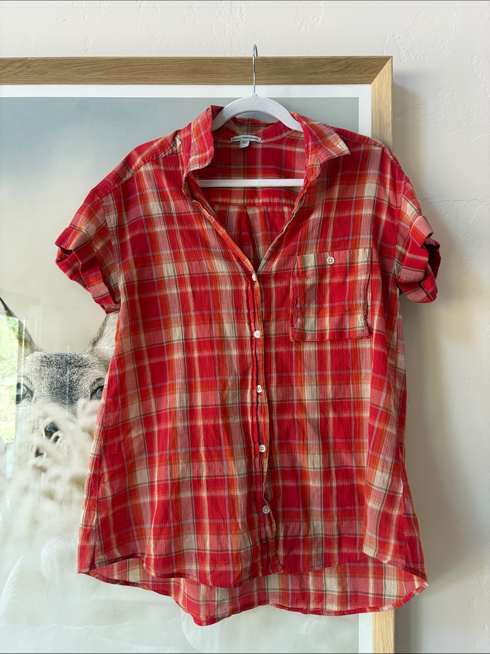 James Perse Plaid Button-Up Short Sleeve Women's Top